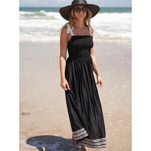 NEW Cabana Life Sanibel Embroidered Midi Maxi Dress Large Black Smocked Vacay